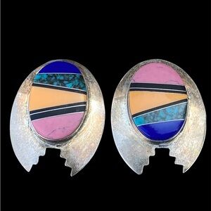 Vintage Signed FM Sterling Navajo Inlay Turquoise Earrings Rare OOAK Gorgeous